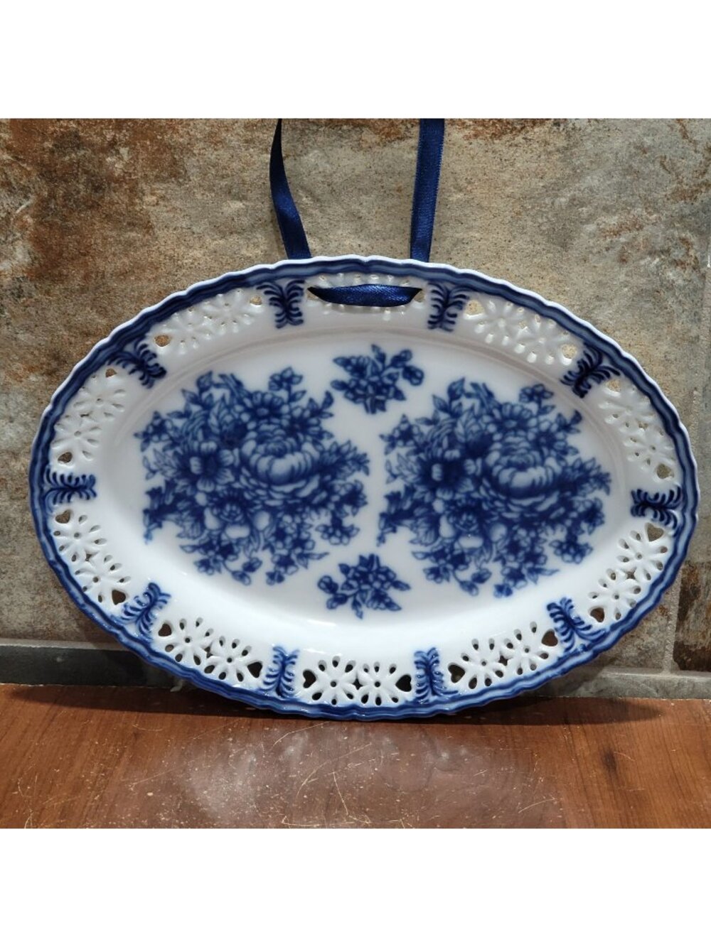 Blue and White Oval Floral Pierced Edge Porcelain Plate Decor 10"